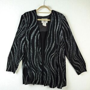 Vintage En Francais Huey Waltzer Open Blazer 3X Women Black Silver Sparkle Party